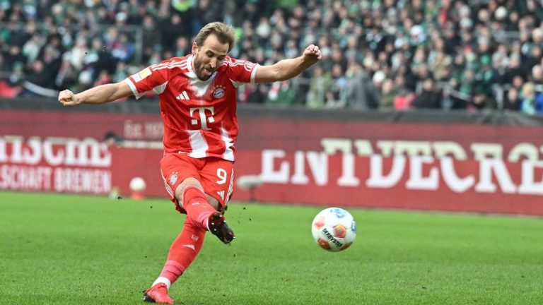 Bayern's Harry Kane scores his side's second goal during the German Bundesliga match between Werder Bremen and Bayern Munich, in Bremen, Germany, Saturday, Dec. 14, 2026. (Carmen Jaspersen/dpa via AP)
