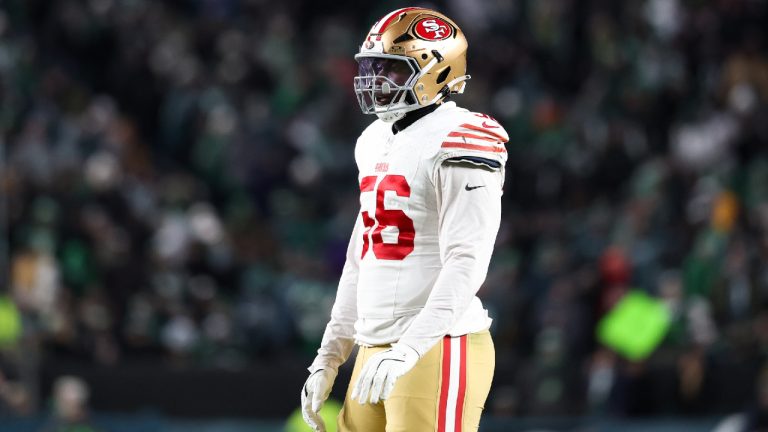 San Francisco 49ers defensive end Keion White looks on between plays during the first half of an NFL wild card playoff football game against the Philadelphia Eagles, Sunday, Jan. 11, 2026, in Philadelphia. (Terrance Williams/AP)