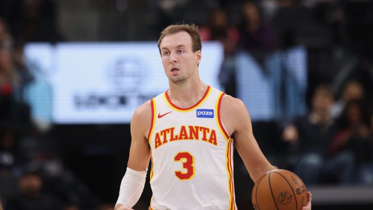 Atlanta Hawks guard Luke Kennard (3) dribbles down the court during the first half of an NBA basketball game against the Los Angeles Clippers Monday, Nov. 10, 2025, in Inglewood, Calif. (Jessie Alcheh/AP)