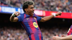 Barcelona's Lamine Yamal celebrates scoring his side's opening goal during the Spanish La Liga soccer match between Barcelona and Villareal in Barcelona, Spain, Saturday, Feb. 28, 2026. (AP Photo/Joan Monfort)