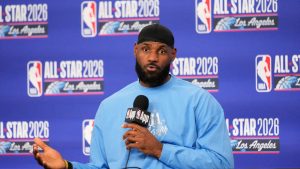 LeBron James answers questions before the NBA All-Star basketball game Sunday, Feb. 15, 2026, in Inglewood, Calif. (Mark J. Terrill/AP)