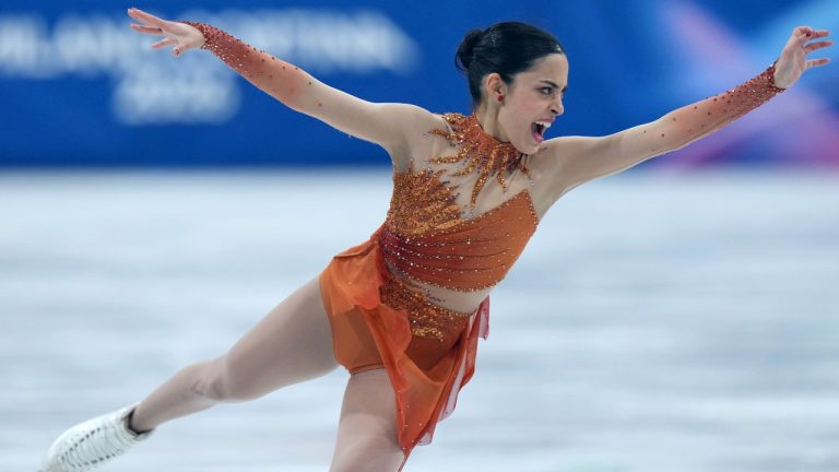 Madeline Schizas of Canada competes during the figure skating women's team event at the 2026 Winter Olympics, in Milan, Italy, Friday, Feb. 6, 2026. (AP Photo/Francisco Seco)