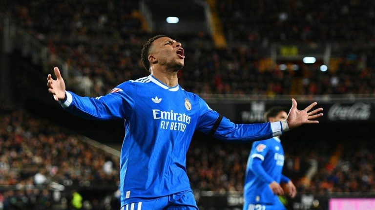 Real Madrid's Kylian Mbappe reacts during the Spanish La Liga match between Valencia and Real Madrid in Valencia, Spain, Sunday, Feb. 8, 2026. (AP/Francisco Macia)