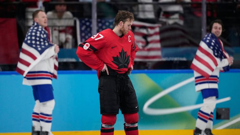 Canada's Connor McDavid (97) reacts after Canada lost to the United States in a men's ice hockey gold medal game between Canada and the United States at the 2026 Winter Olympics, in Milan, Italy, Sunday, Feb. 22, 2026. (Petr David Josek/AP)