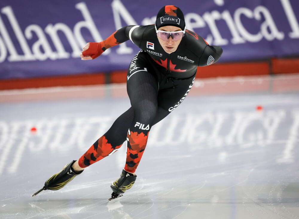 Canada's Ivanie Blondin skates during the women's 1500-metre at the ISU World Cup speed skating event in Calgary in Nov. 2025. (Photo by Jeff McIntosh/CP) 