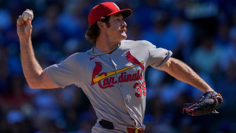 St. Louis Cardinals starting pitcher Miles Mikolas (39) throws during the first inning of a baseball game against the Chicago Cubs, Friday, Sept. 26, 2025, in Chicago. (Erin Hooley/AP)