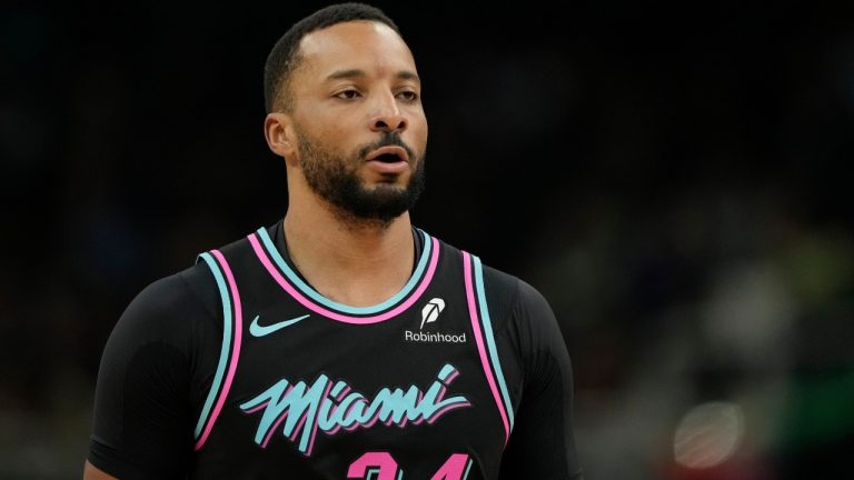 Miami Heat's Norman Powell looks on during an NBA basketball game against the Milwaukee Bucks, Tuesday, Feb. 24, 2026, in Milwaukee. (AP Photo/Aaron Gash)