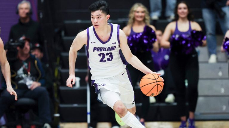 Portland guard Joel Foxwell brings the ball up court against Gonzaga during the second half of an NCAA college basketball game in Portland, Ore., Wednesday, Feb. 4, 2026. (AP/Amanda Loman)