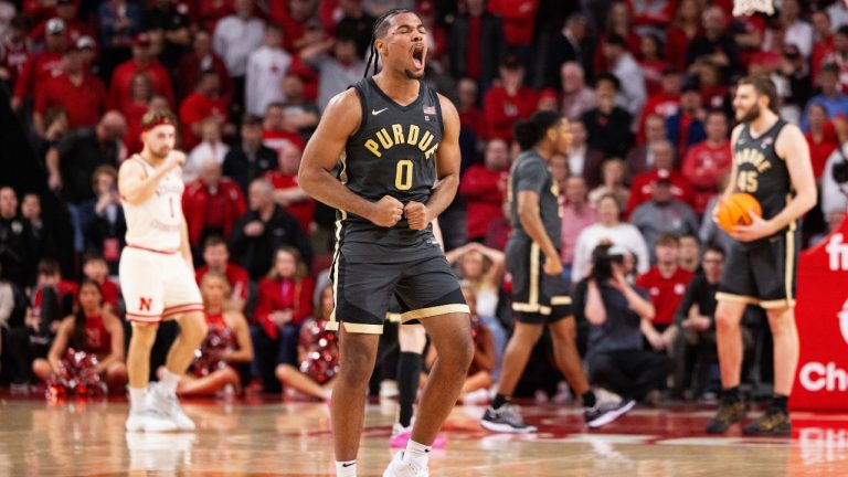 Purdue's C.J. Cox (0) celebrates after defeating Nebraska 80-77 in overtime of an NCAA college basketball game Tuesday, Feb. 10, 2026, in Lincoln, Neb. (Rebecca S. Gratz/AP)