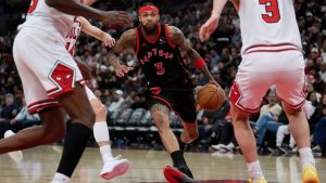 Toronto Raptors forward Brandon Ingram (3) sinks a three-point shot during the second half of an NBA basketball game against the Chicago Bulls, Thursday, Feb. 19, 2026, in Chicago. (Erin Hooley/AP)