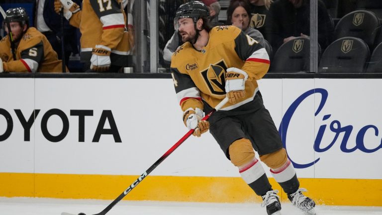 Vegas Golden Knights defenceman Rasmus Andersson (4) plays against the Dallas Stars during an NHL hockey game Thursday, Jan. 29, 2026, in Las Vegas. (John Locher/AP)