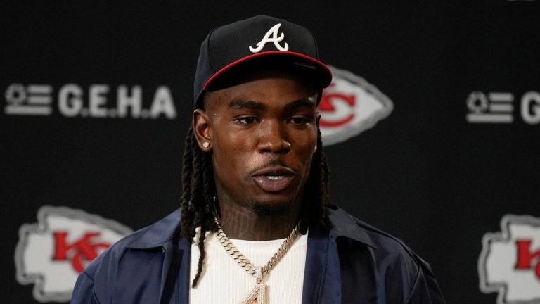 Kansas City Chiefs wide receiver Rashee Rice (4) speaks during a news conference following an NFL football game against the Indianapolis Colts, Nov. 23, 2025, in Kansas City, Mo. (Charlie Riedel/AP)