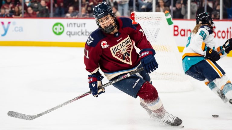 Montréal Victoire's Abby Roque reacts during a break in play during third period PWHL action against the New York Sirens, in Laval, Que., on Tuesday, November 25, 2025. (THE CANADIAN PRESS/Christopher Katsarov)