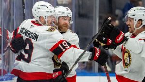 Ottawa Senators right wing Drake Batherson is congratulated by right winger Claude Giroux and defenceman Thomas Chabot after scoring during second period NHL action against the Toronto Maple Leafs in Toronto, Saturday, Feb 28, 2026. (THE CANADIAN PRESS/Frank Gunn)