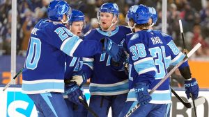 Tampa Bay Lightning defenceman Darren Raddysh celebrates with teammates after his goal against the Boston Bruins during the second period of a Stadium Series NHL game Sunday, Feb. 1, 2026, in Tampa, Fla. (AP/Chris O'Meara)