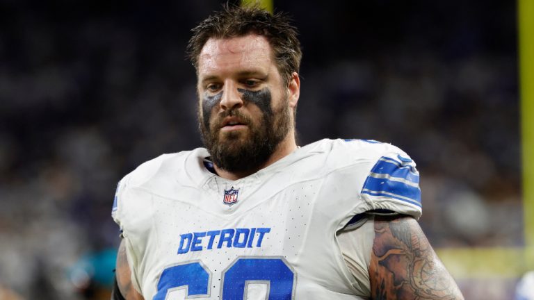 Detroit Lions offensive tackle Taylor Decker (68) walks off the field against the Dallas Cowboys during an NFL football game in Detroit, Thursday, Dec. 4, 2025. (Rick Osentoski/AP)