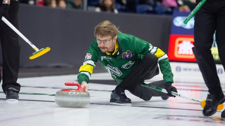 Team Northern Ontario's Sandy MacEwan relaese his stone during Draw 2 at the 2026 Brier in John's NL on Saturday Feb. 28, 2026. (Paul Daly/CP)