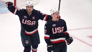 United States' Brady Tkachuk, right, celebrates after his goal against Canada with his brother Matthew Tkachuk, left, during the first period of the 4 Nations Face-Off championship hockey game, Thursday, Feb. 20, 2025, in Boston. (Charles Krupa/AP)