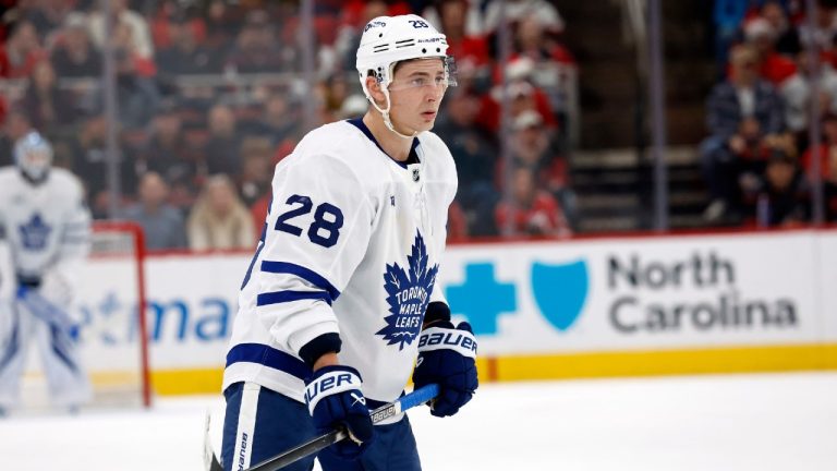 Toronto Maple Leafs' Troy Stecher (28) waits for a face-off against the Carolina Hurricanes during the first period of an NHL hockey game in Raleigh, N.C., Thursday, Dec. 4, 2025. (Karl DeBlaker/AP)