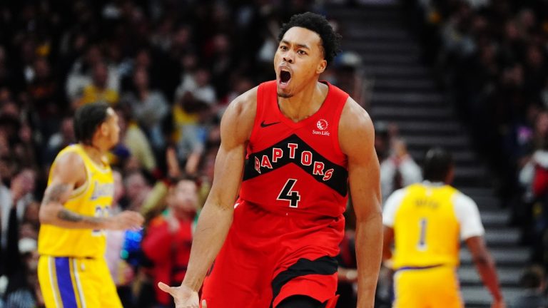 Toronto Raptors' Scottie Barnes (4) celebrates a basket against the Los Angeles Lakers during second half NBA basketball action in Toronto on Thursday, Dec. 4, 2025. (Frank Gunn/CP)