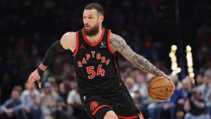 Toronto Raptors forward Sandro Mamukelashvili drives during the second half of an NBA basketball game against the Oklahoma City Thunder, Sunday, Jan. 25, 2026, in Oklahoma City. (Nate Billings/AP)
