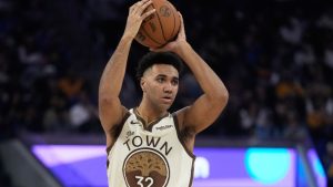 Golden State Warriors forward Trayce Jackson-Davis during an NBA game against the Utah Jazz in San Francisco, Monday, Nov. 24, 2025. (AP/Jeff Chiu)