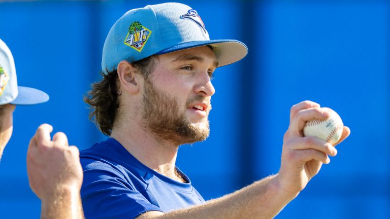 Toronto Blue Jays pitcher Trey Yesavage talks about his pitches at Spring Training in Dunedin, Fla., Friday, Feb. 13, 2026. (Frank Gunn/CP)