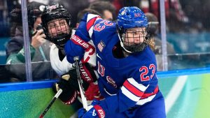 United States' Hannah Bilka (23) challenges with Canada's Marie-Philip Poulin (29) during a women's ice hockey gold medal game between the United States and Canada at the 2026 Winter Olympics, in Milan, Italy, Thursday, Feb. 19, 2026. (Hassan Ammar/AP)