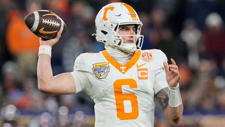 Tennessee quarterback Joey Aguilar (6) looks to throw a pass during the second half of the Music City Bowl NCAA college football game against Illinois, Dec. 30, 2025, in Nashville, Tenn. (AP Photo/George Walker IV, File)