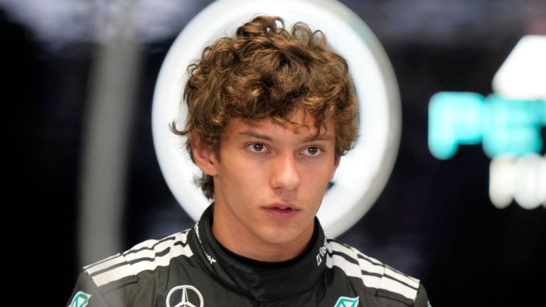 Mercedes driver Andrea Kimi Antonelli of Italy in the garage before the first free practice ahead of the Italian Grand Prix at the Monza racetrack in Monza, Italy, Friday, Sept. 5, 2025. (AP Photo/Luca Bruno)