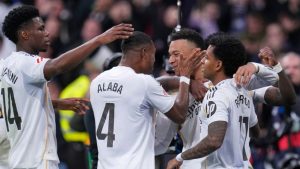 Real Madrid's Kylian Mbappe celebrates after scoring his side's second goal during the Spanish La Liga soccer match between Real Madrid and Rayo Vallecano in Madrid, Spain, Sunday, Feb. 1, 2026. (AP Photo/Manu Fernandez)