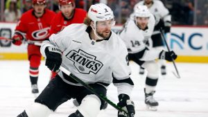 Los Angeles Kings' Adrian Kempe (9) skates after the puck during the first period of an NHL game against the Carolina Hurricanes, in Raleigh, N.C., Sunday, Feb. 1, 2026. (AP Photo/Karl DeBlaker)