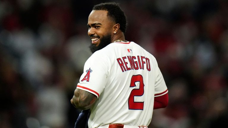 Los Angeles Angels' Luis Rengifo (2) smiles as he walks toward the dugout after the fifth inning of a baseball game against the Houston Astros Saturday, Sept. 27, 2025, in Anaheim, Calif. (AP Photo/Jae C. Hong,File)