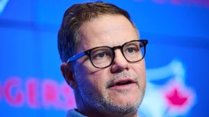 Toronto Blue Jays general manager Ross Atkins speaks during an end-of-season media availability in Toronto, on Thursday, Nov. 6, 2025. (CP/Sammy Kogan)