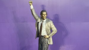 A statue of former Los Angeles Lakers coach Pat Riley is unveiled outside the Crypto.com Arena on Sunday, Feb. 22, 2026, in Los Angeles. (AP Photo/Greg Beacham)