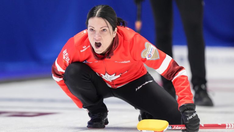 Canada skip Kerri Einarson watches her stone during her team's session against British Colombia at the Scotties Tournament of Hearts in Mississauga, Ont., on Thursday, Jan. 29, 2026. THE CANADIAN PRESS/Chris Young