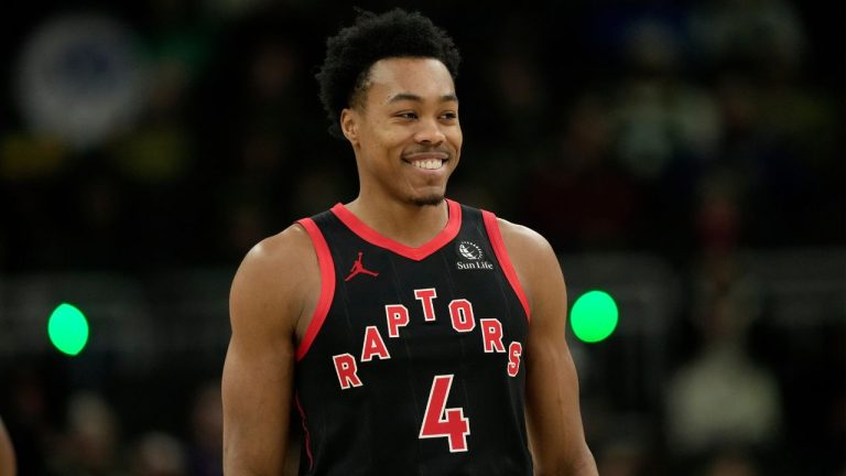 Toronto Raptors' Scottie Barnes smiles before an NBA basketball game against the Milwaukee Bucks, Thursday, Dec. 18, 2025, in Milwaukee. (AP Photo/Aaron Gash)