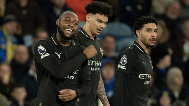 Manchester City's Antoine Semenyo, left, reacts after scoring during the Premier League soccer match between Leeds United and Manchester City in Leeds, England, Saturday, Feb. 28, 2026. (Ian Hodgson/AP)