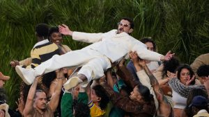 Bad Bunny performs during halftime of the NFL Super Bowl 60 football game between the New England Patriots and the Seattle Seahawks, Sunday, Feb. 8, 2026, in Santa Clara, Calif. (Charlie Riedel/AP)