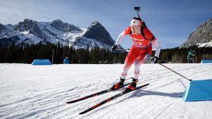 Canada's Benita Peiffer skis during the women's World Cup biathlon 10 km pursuit event in Canmore, Alta., Saturday, March 16, 2024. (Jeff McIntosh/THE CANADIAN PRESS)