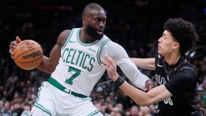 Boston Celtics guard Jaylen Brown drives to the basket against Brooklyn Nets guard Nolan Traore during the first half of an NBA game, Friday, Feb. 27, 2026, in Boston. (AP/Charles Krupa)