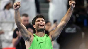 Spain's Carlos Alcaraz celebrates after beating Arthur Fils of France during the final of Qatar Open tennis in Doha, Qatar, Saturday Feb. 21, 2026. (Hussein Sayyed/AP)