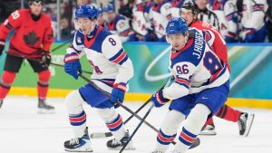 United States' Jack Hughes (86) during a men's ice hockey gold medal game between Canada and the United States at the 2026 Winter Olympics, in Milan. (Hassan Ammar/AP)