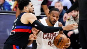 Cleveland Cavaliers centre Evan Mobley (4) drives against Detroit Pistons forward Tobias Harris, left, during the second half of an NBA basketball game Friday, Feb. 27, 2026, in Detroit. (Duane Burleson/AP)