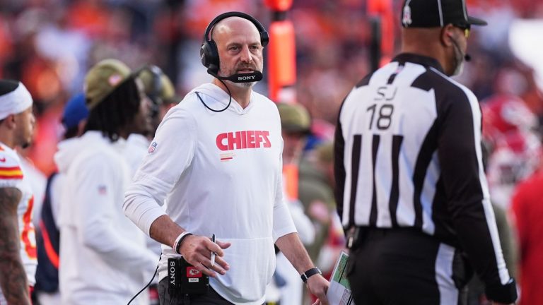 Kansas City Chiefs offensive co-ordinator Matt Nagy in the first half of an NFL football game Sunday, Nov. 16, 2025, in Denver. (David Zalubowski/AP)