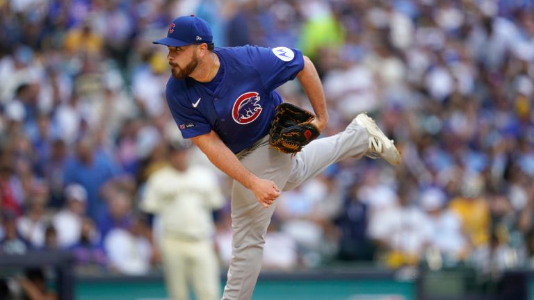 Chicago Cubs pitcher Aaron Civale (38) throws during the fifth inning in Game 1 of baseball's National League Division Series against the Milwaukee Brewers on Saturday, Oct. 4, 2025, in Milwaukee. (Kayla Wolf/AP)