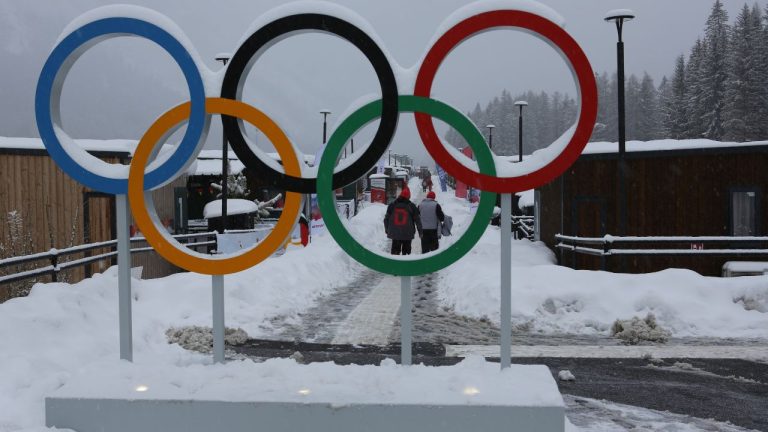 A view of the Olympic rings at the Cortina Olympic Village, ahead of the 2026 Winter Olympics, in Cortina d'Ampezzo, Italy, Tuesday, Feb. 3, 2026. (Jennifer McDermott/AP)