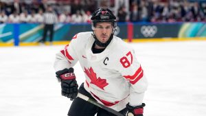 Canada's Sidney Crosby plays during a preliminary round match of men's ice hockey between Czech Republic and Canada at the 2026 Winter Olympics, in Milan, Italy, Thursday, Feb. 12, 2026. (Petr David Josek/AP Photo)