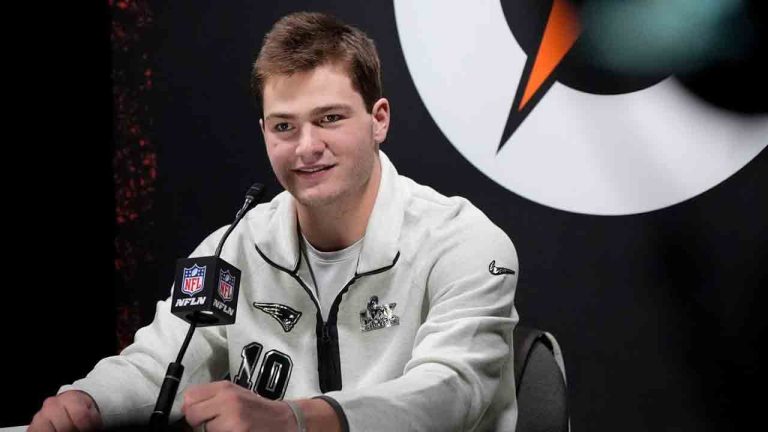 New England Patriots quarterback Drake Maye laughs during the NFL Super Bowl Opening Night, Monday, Feb. 2, 2026, in San Jose, Calif. ahead of the Super Bowl 60 football game between the New England Patriots and the Seattle Seahawks. (Brynn Anderson/AP)