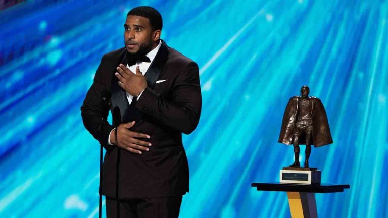 Washington Commanders' Bobby Wagner accepts the Walter Payton NFL Man of the Year award during the NFL Honors award show, Thursday, Feb. 5, 2026, in San Francisco. (Charlie Riedel/AP)